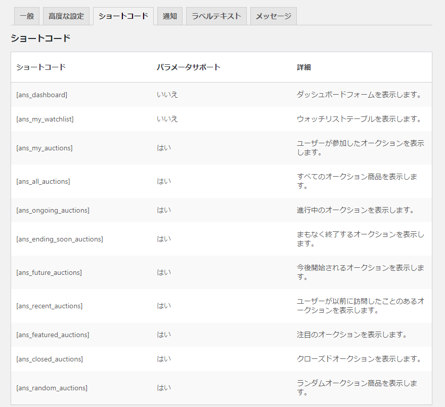 プラグインの基本設定|ショートコード